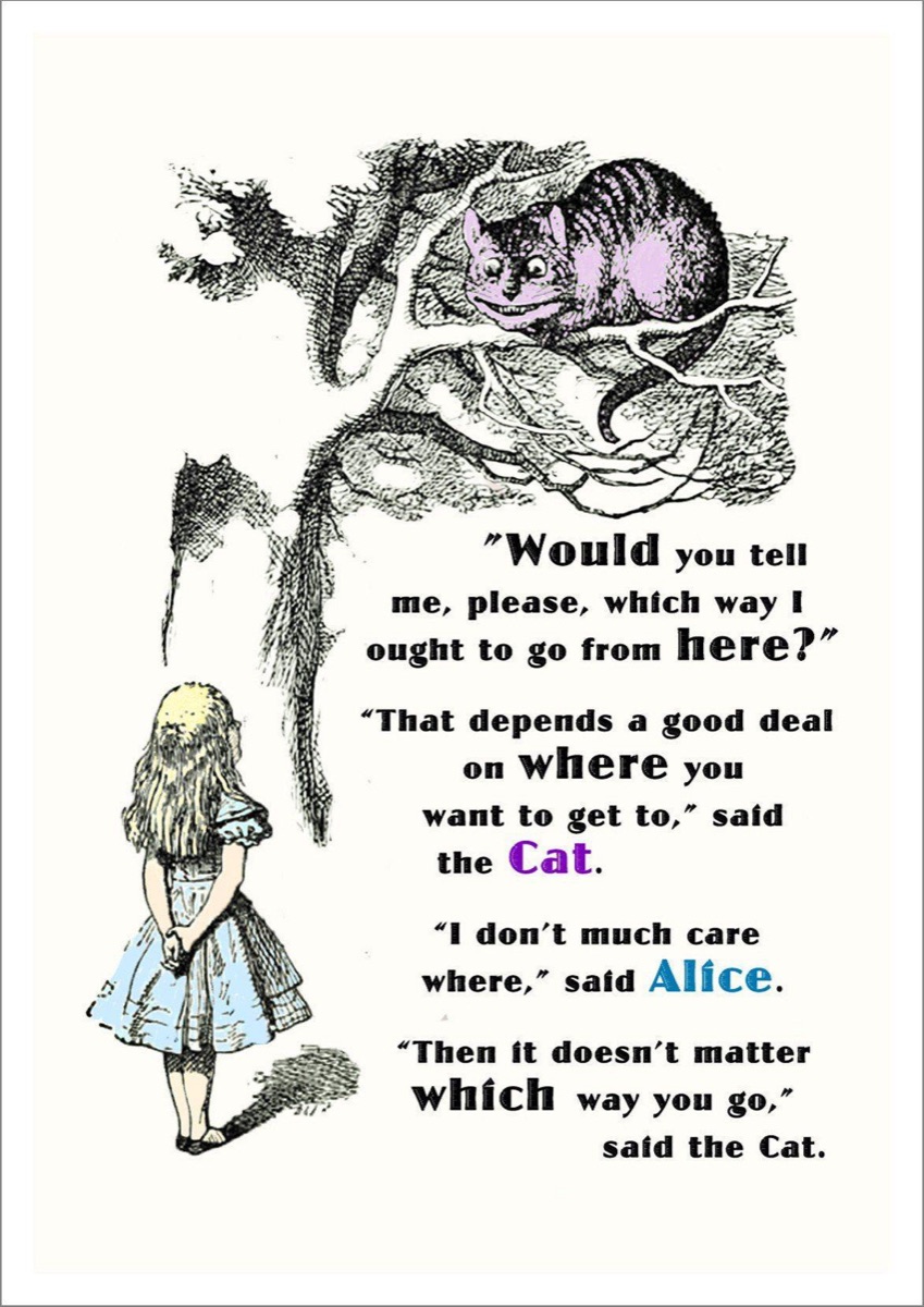 John Tenniel&rsquo;s illustration of Alice and the Cheshire Cat in a tree, captioned with their exchange: &ldquo;Would you tell me, please, which way I ought to go from here?&rdquo; &ldquo;That depends a good deal on where you want to get to,&rdquo; said the Cat.