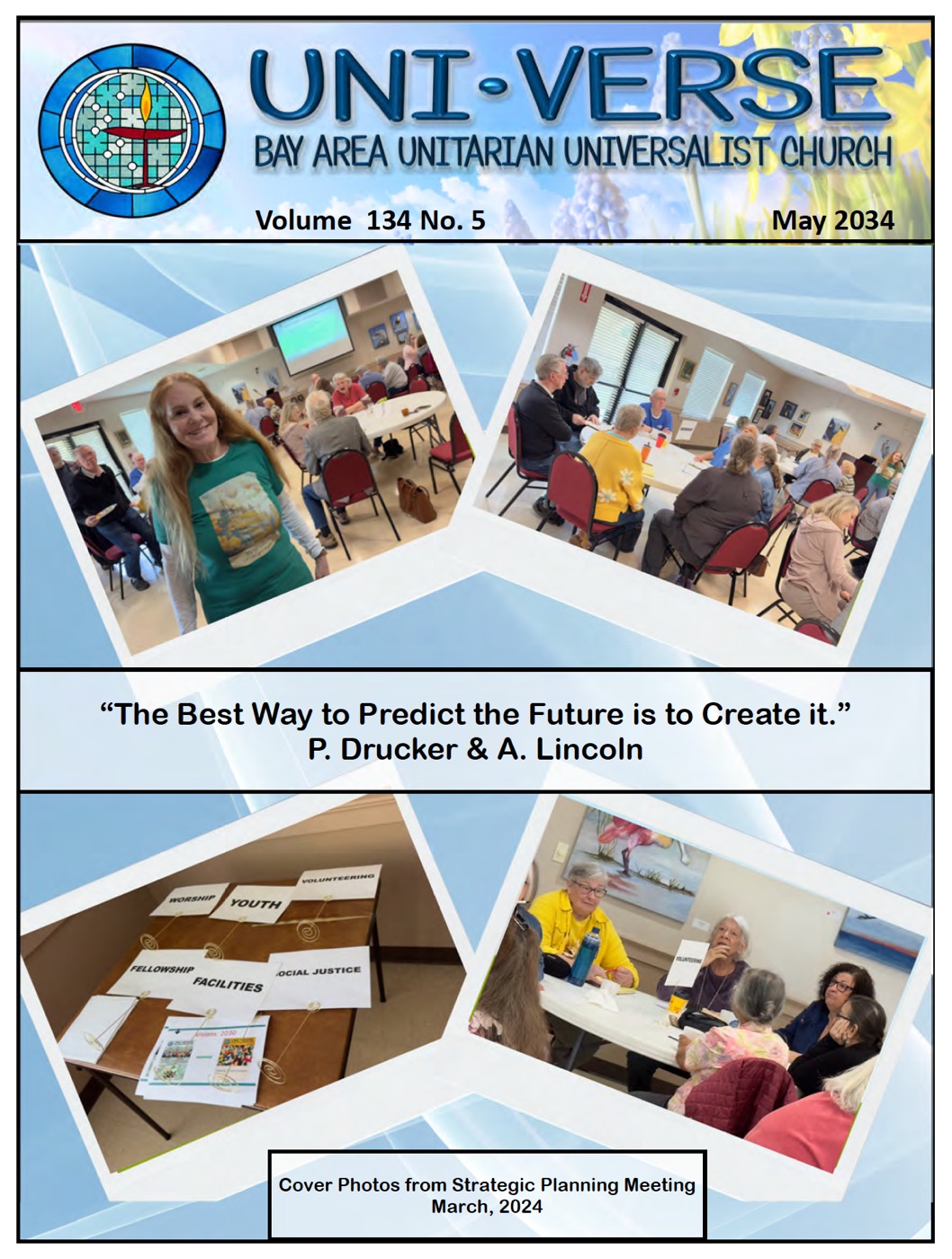 The cover of BAUUC's Uni-Verse newsletter featuring photos from the congregation's strategic planning workshop, with the quote &lsquo;The Best Way to Predict the Future is to Create it.&rsquo;
